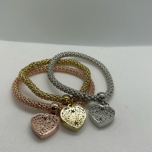 Fashion 3pc/set Rhinestone Charm Bangle Bracelets 3 Tone Gold Rose Silver - Picture 7 of 8